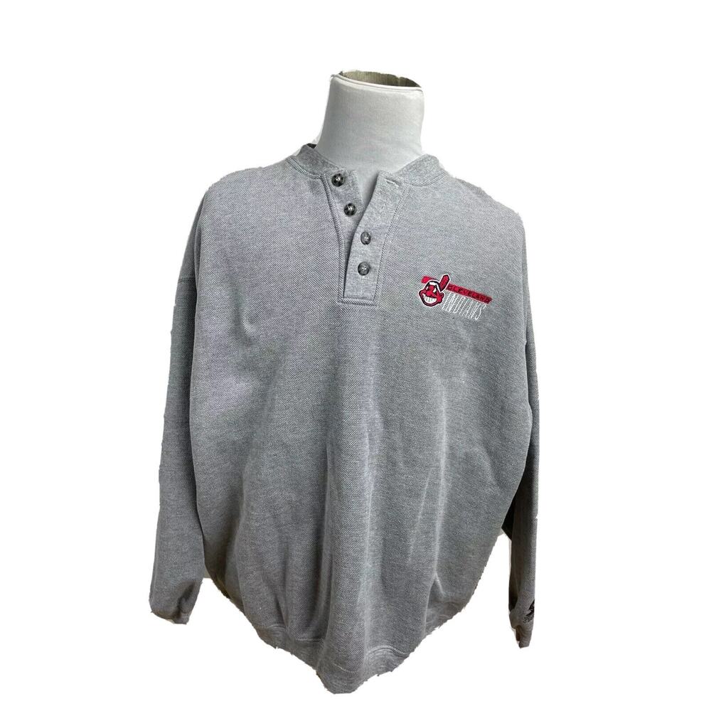 Vtg Starter Cleveland Indians 1/4 Button Sweater Chief Wahoo Pullover Fleece XL
